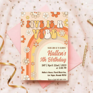 Five a Vibe Groovy Retro Rainbow 5th Birthday Invitation
