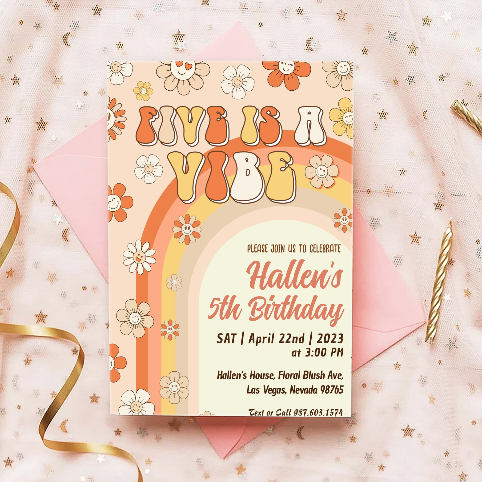 Five a Vibe Groovy Retro Rainbow 5th Birthday Invitation