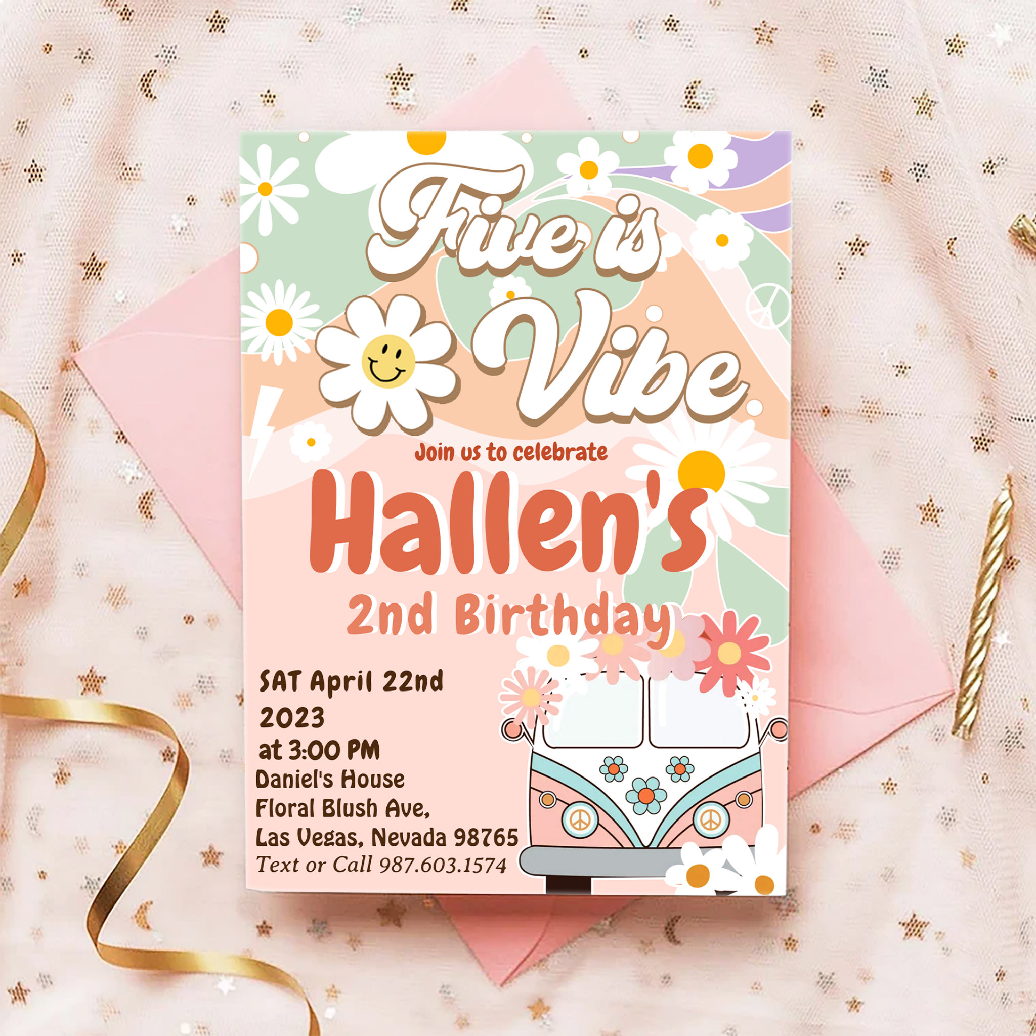 Five a Vibe Groovy Retro Rainbow 5th Birthday Invitation