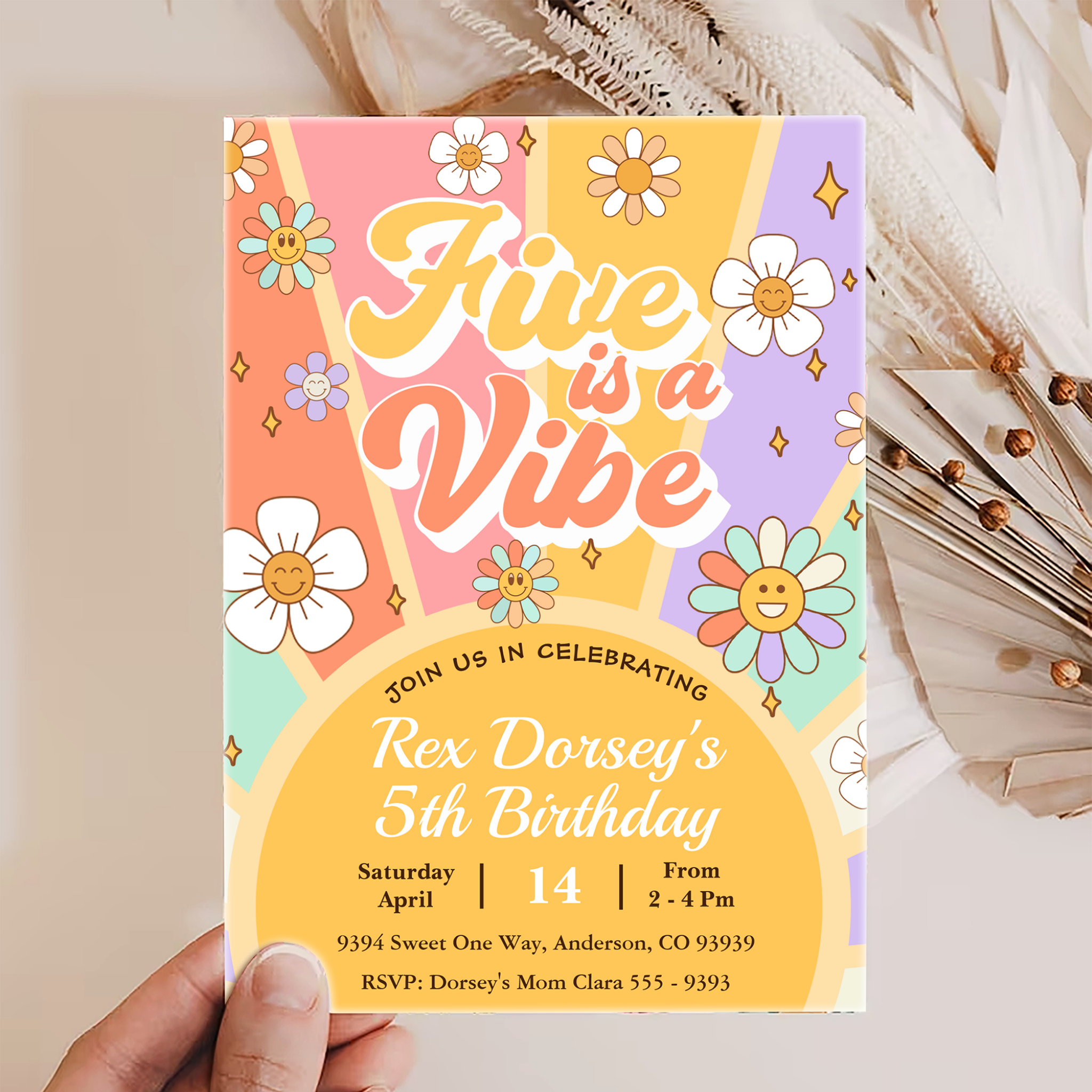 Five a Vibe Groovy Retro Rainbow 5th Birthday Invitation