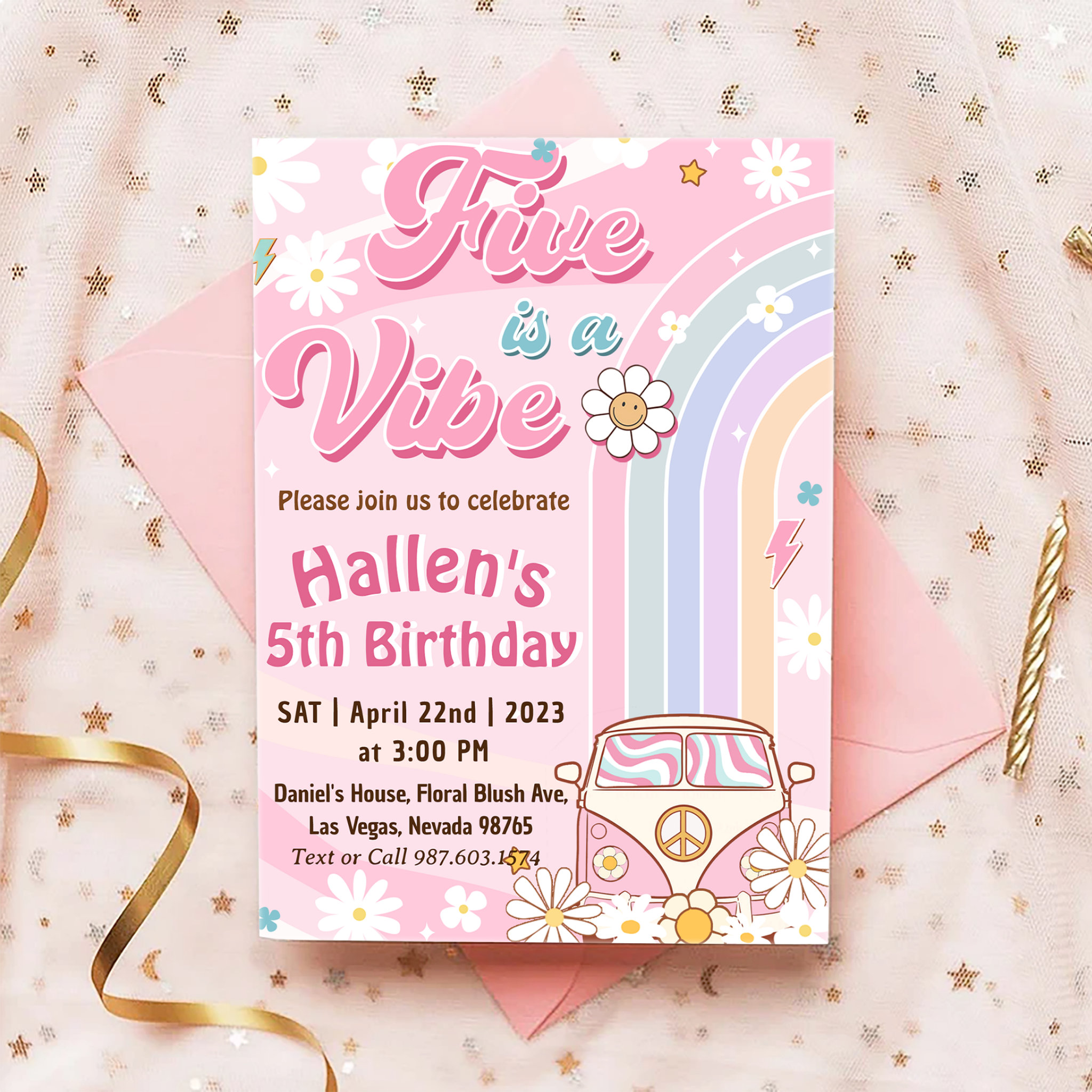 Five a Vibe Groovy Retro Rainbow 5th Birthday Invitation