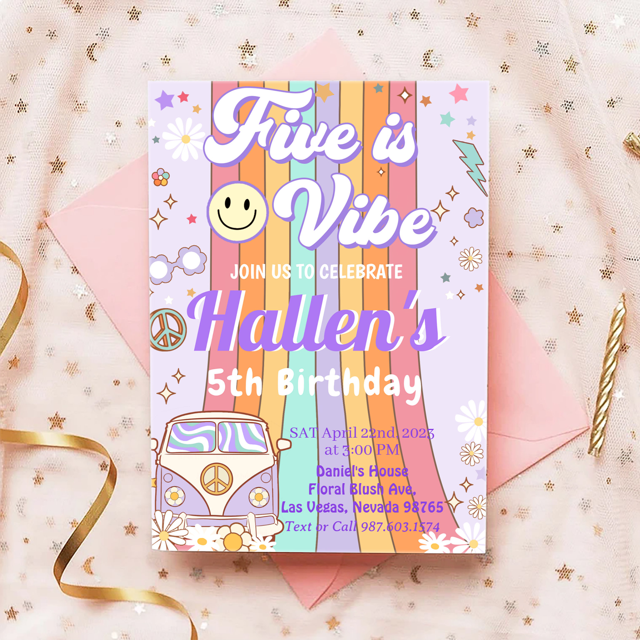 Five a Vibe Groovy Retro Rainbow 5th Birthday Invitation