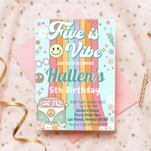 Five a Vibe Groovy Retro Rainbow 5th Birthday Invitation