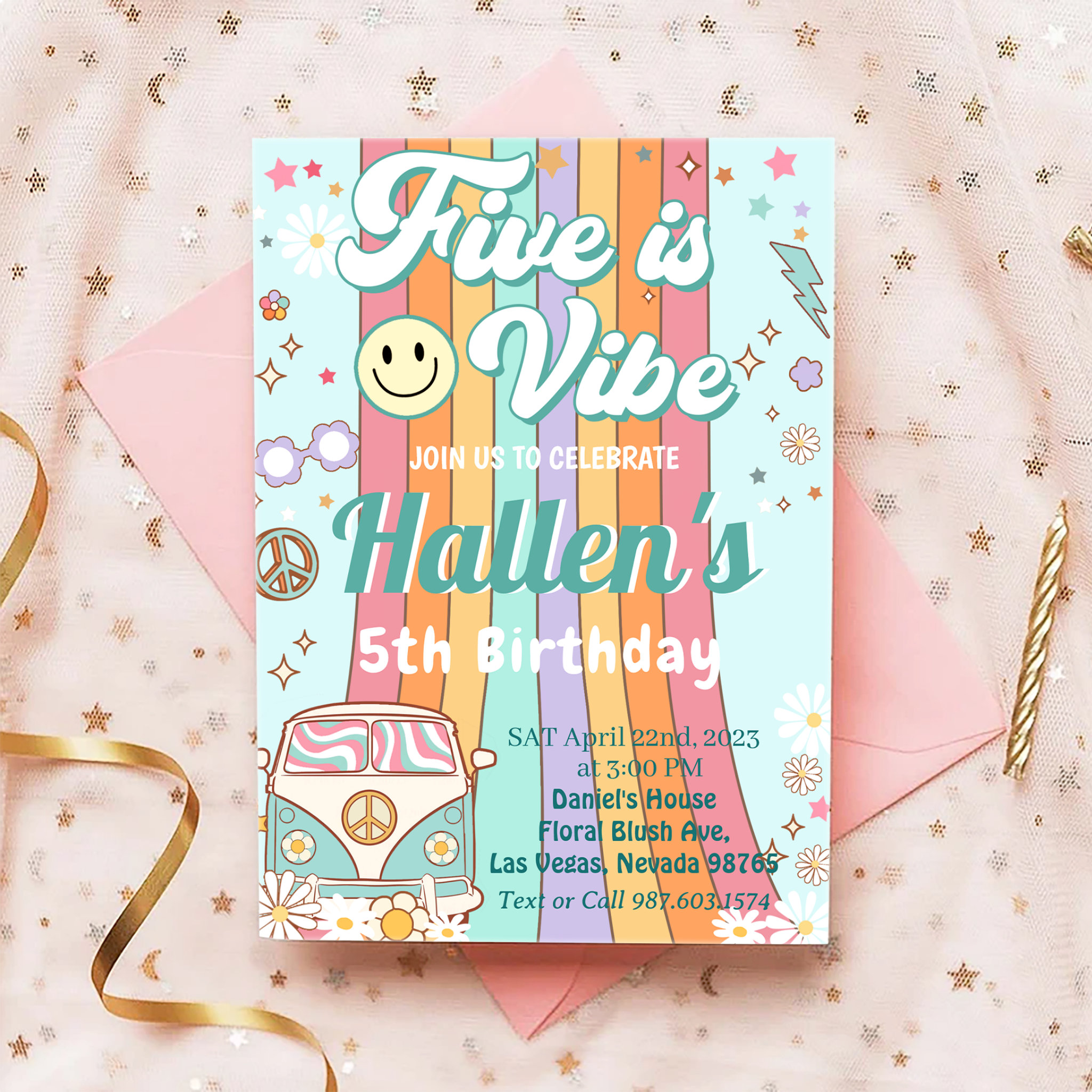 Five a Vibe Groovy Retro Rainbow 5th Birthday Invitation