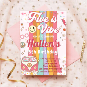 Five a Vibe Groovy Retro Rainbow 5th Birthday Invitation