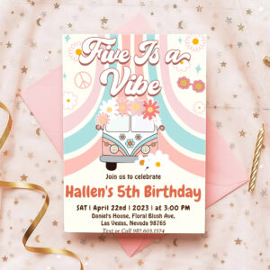 Five a Vibe Groovy Retro Rainbow 5th Birthday Invitation
