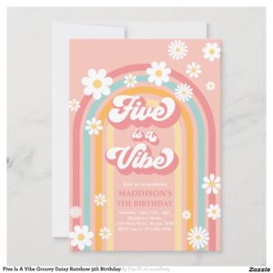Five Is A Vibe Groovy Daisy Rainbow 5th Birthday Invitation