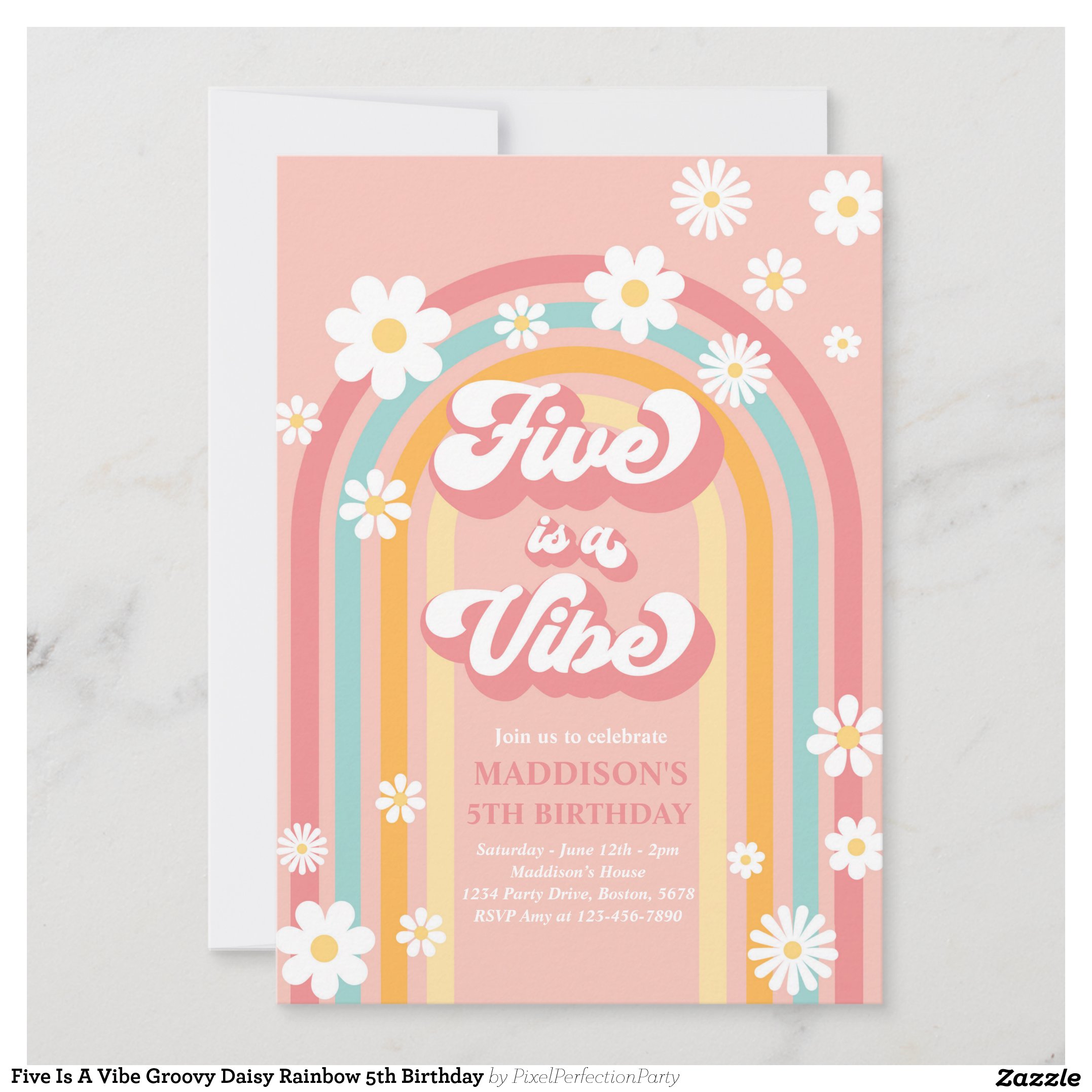 Five Is A Vibe Groovy Daisy Rainbow 5th Birthday Invitation