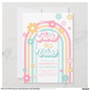 Five Is A Vibe Groovy Daisy Rainbow 5th Birthday Invitation