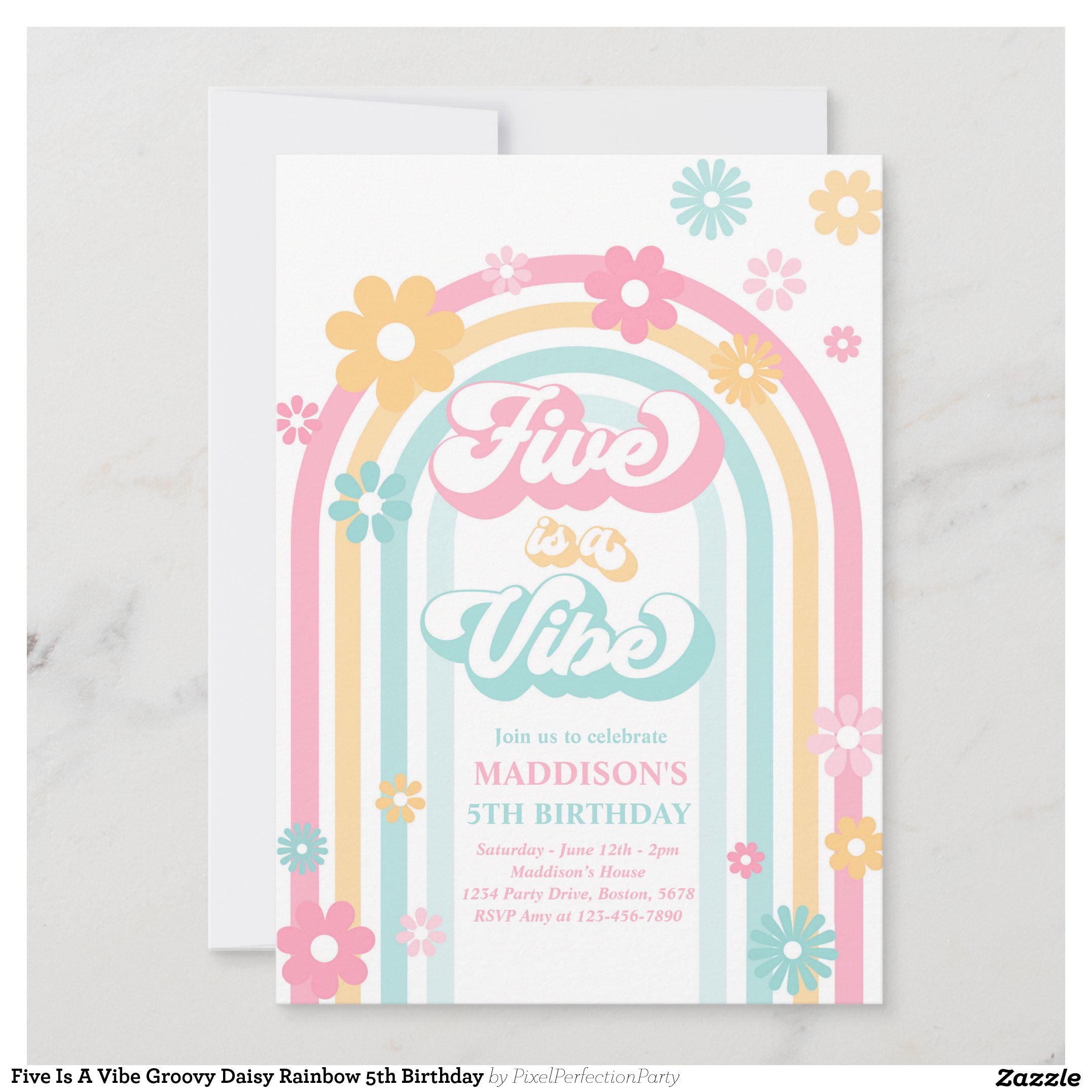 Five Is A Vibe Groovy Daisy Rainbow 5th Birthday Invitation