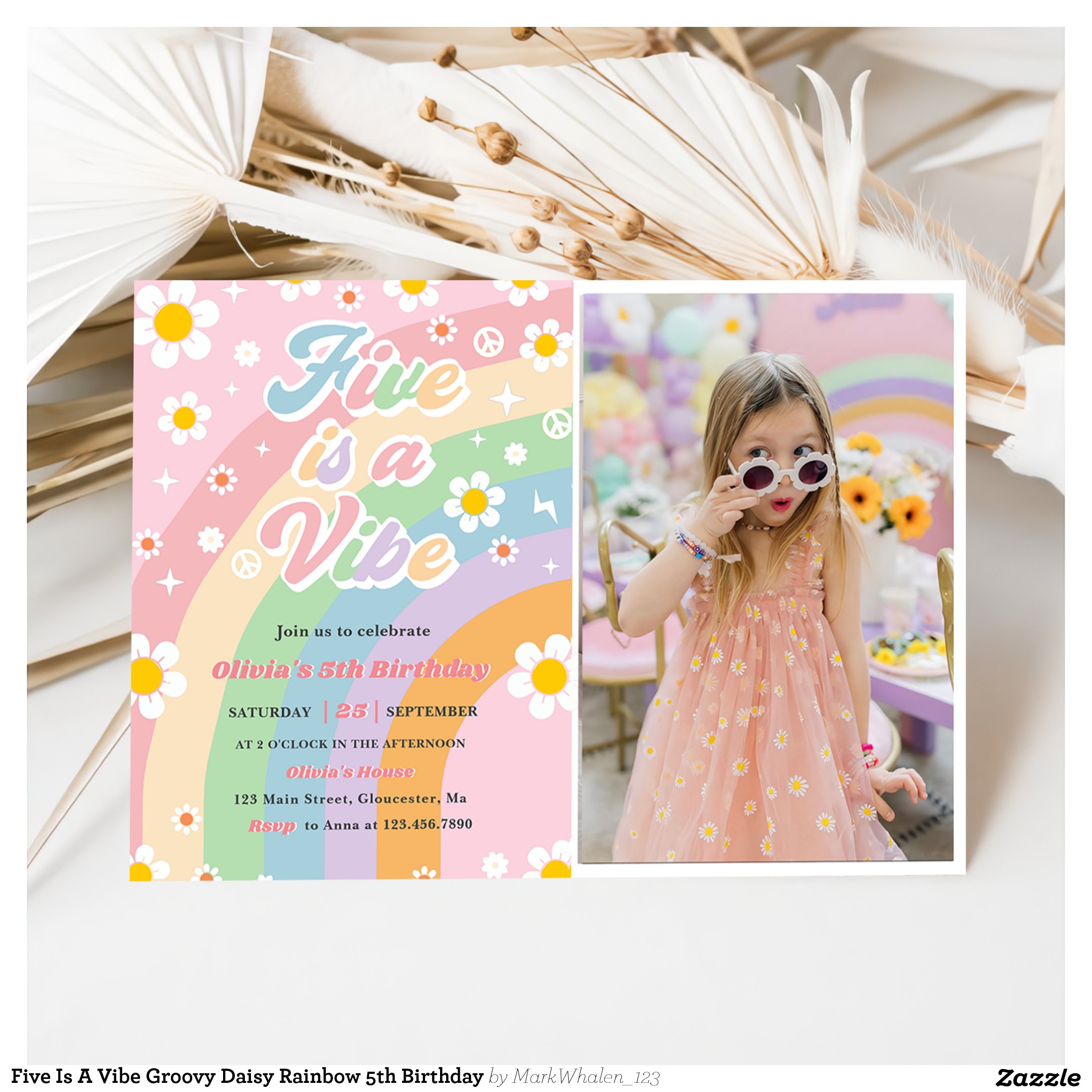 Five Is A Vibe Groovy Daisy Rainbow 5th Birthday Invitation
