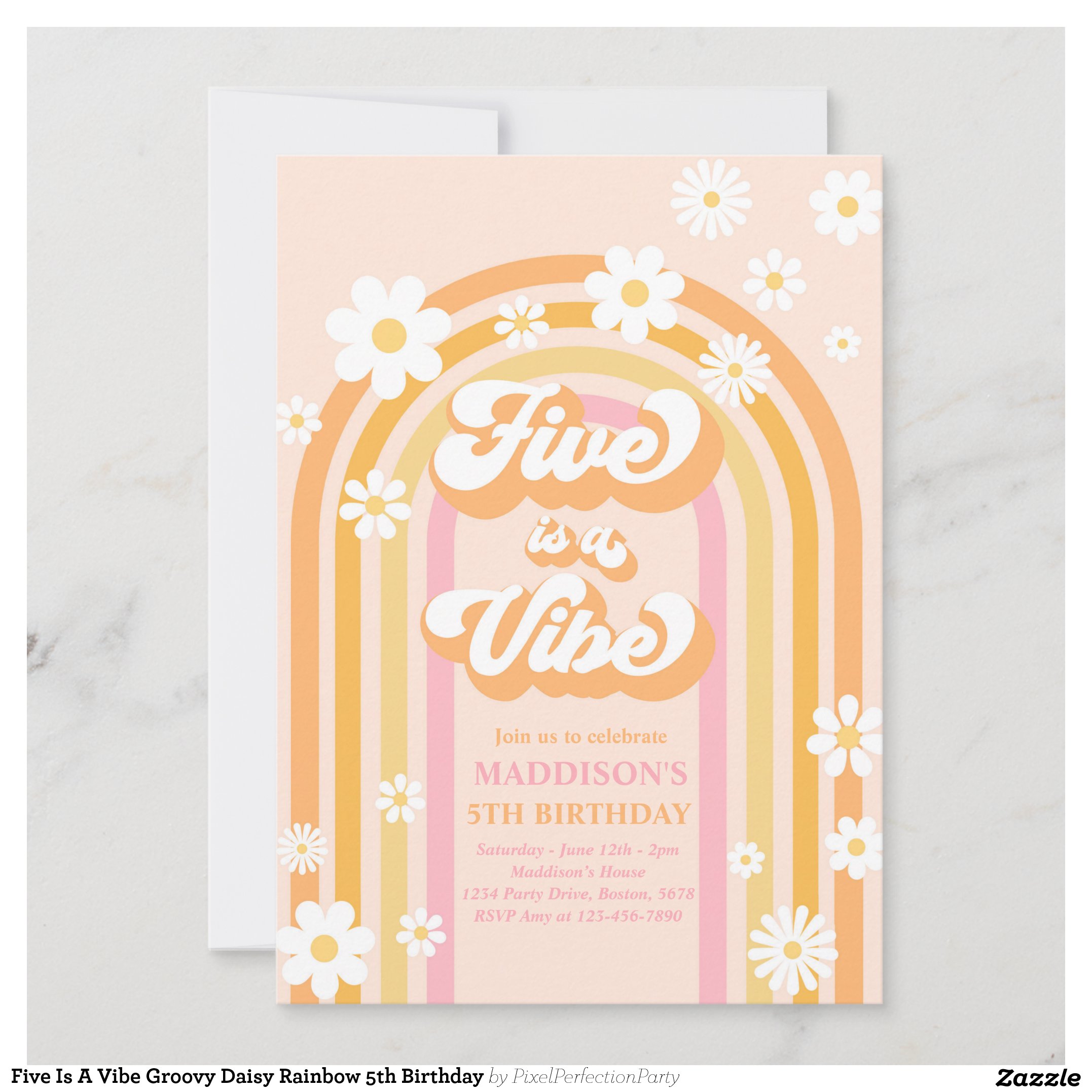 Five Is A Vibe Groovy Daisy Rainbow 5th Birthday Invitation