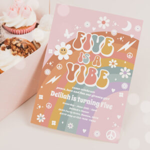 Five Is A Vibe Groovy Hippie Rainbow 5th Birthday Invitation
