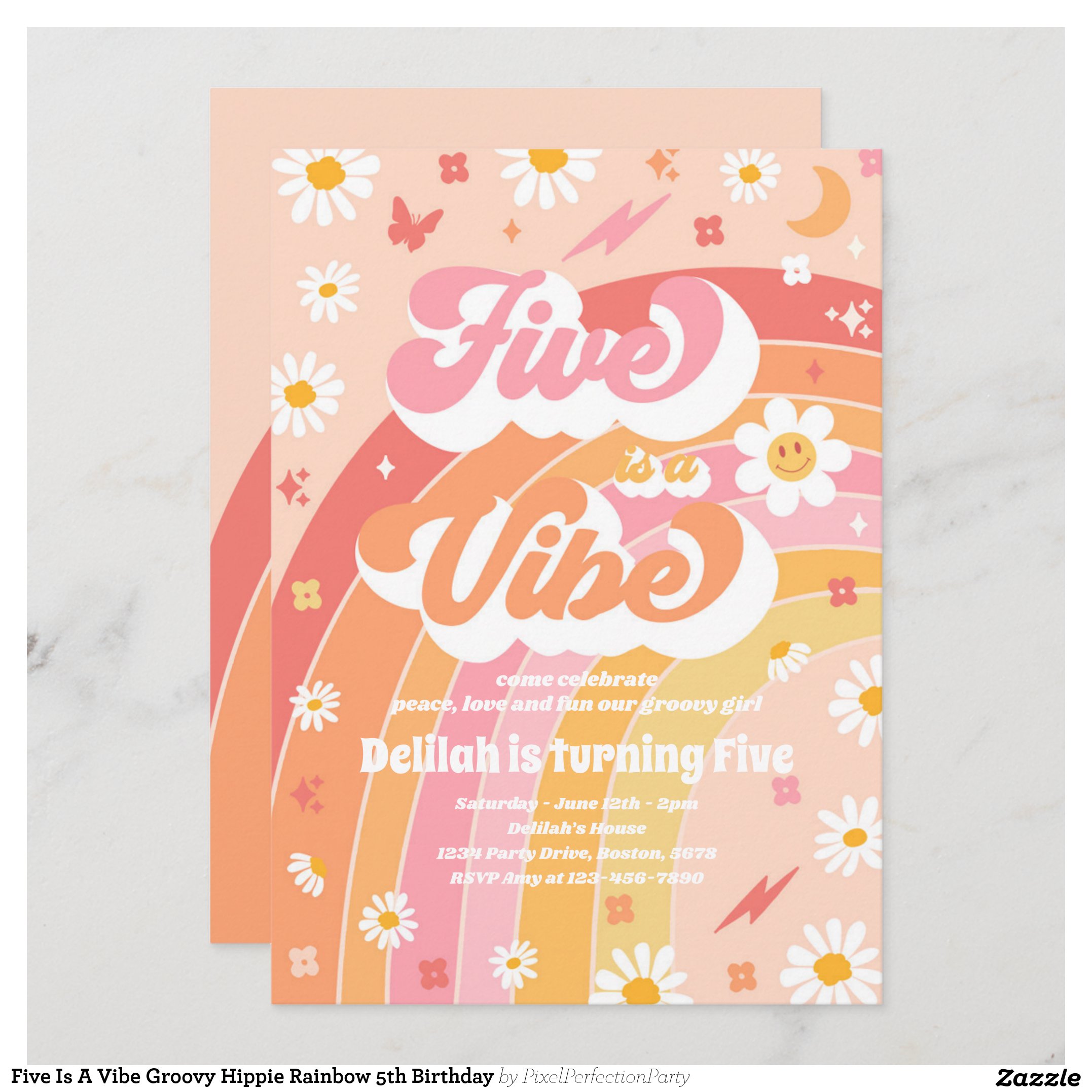 Five Is A Vibe Groovy Hippie Rainbow 5th Birthday Invitation