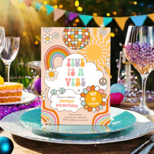 Five is a Vibe Groovy Retro 70s Rainbow 5 Birthday Invitation