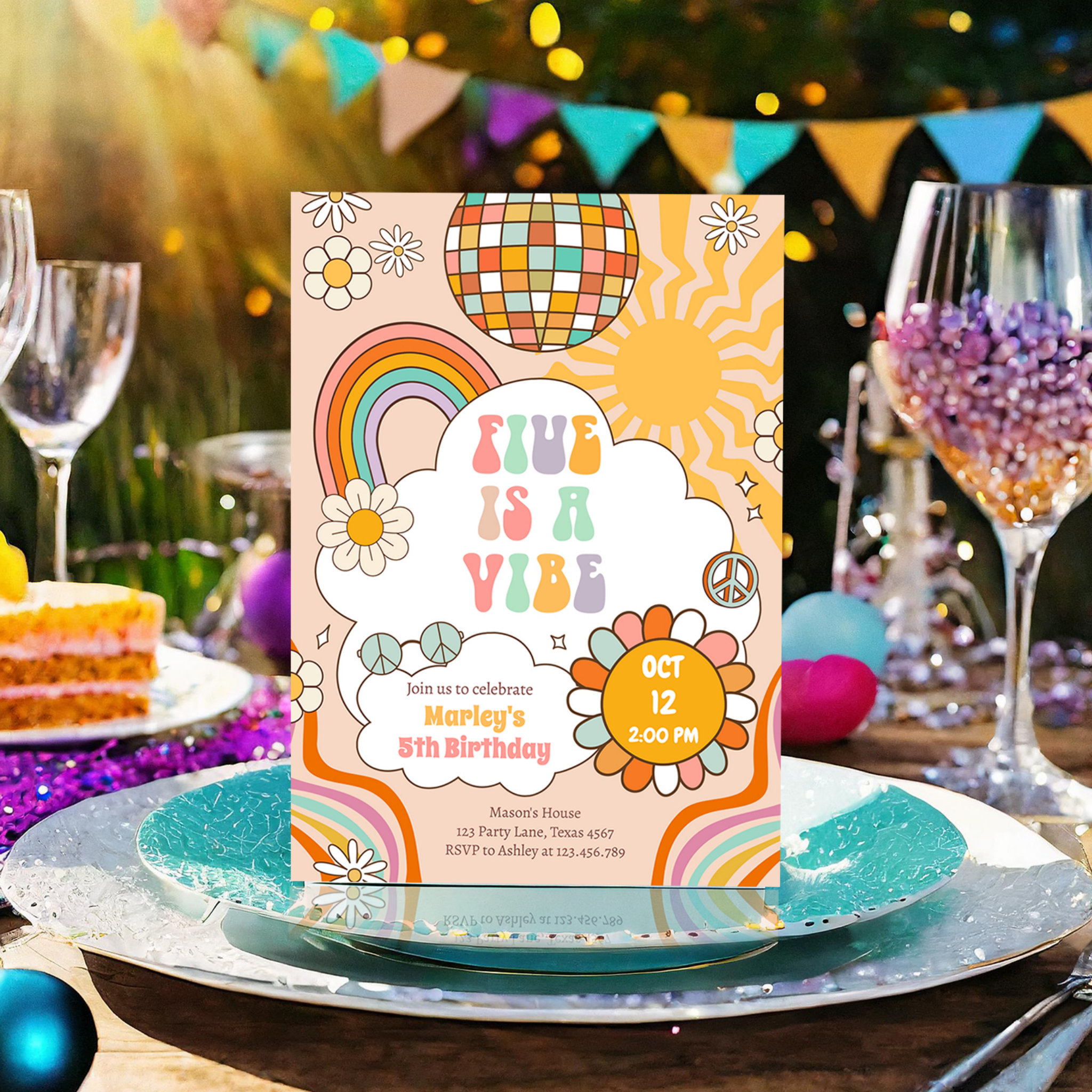 Five is a Vibe Groovy Retro 70s Rainbow 5 Birthday Invitation