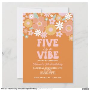 Five is a vibe Groovy Retro Floral 5th birthday Invitation