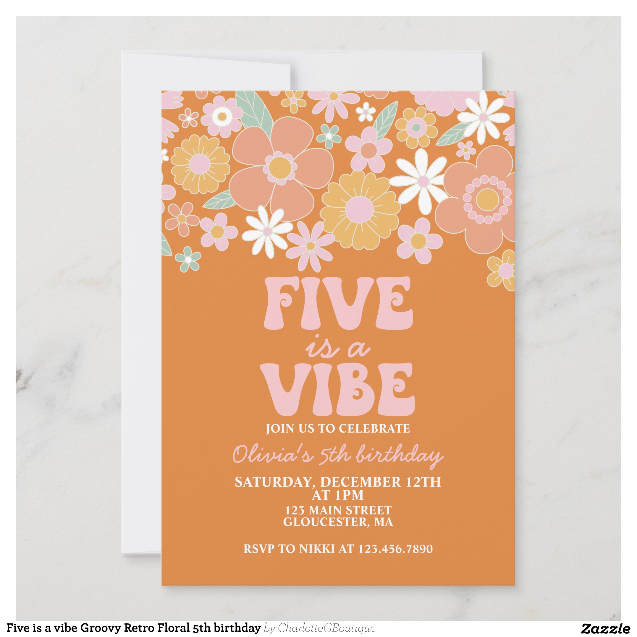 Five is a vibe Groovy Retro Floral 5th birthday Invitation