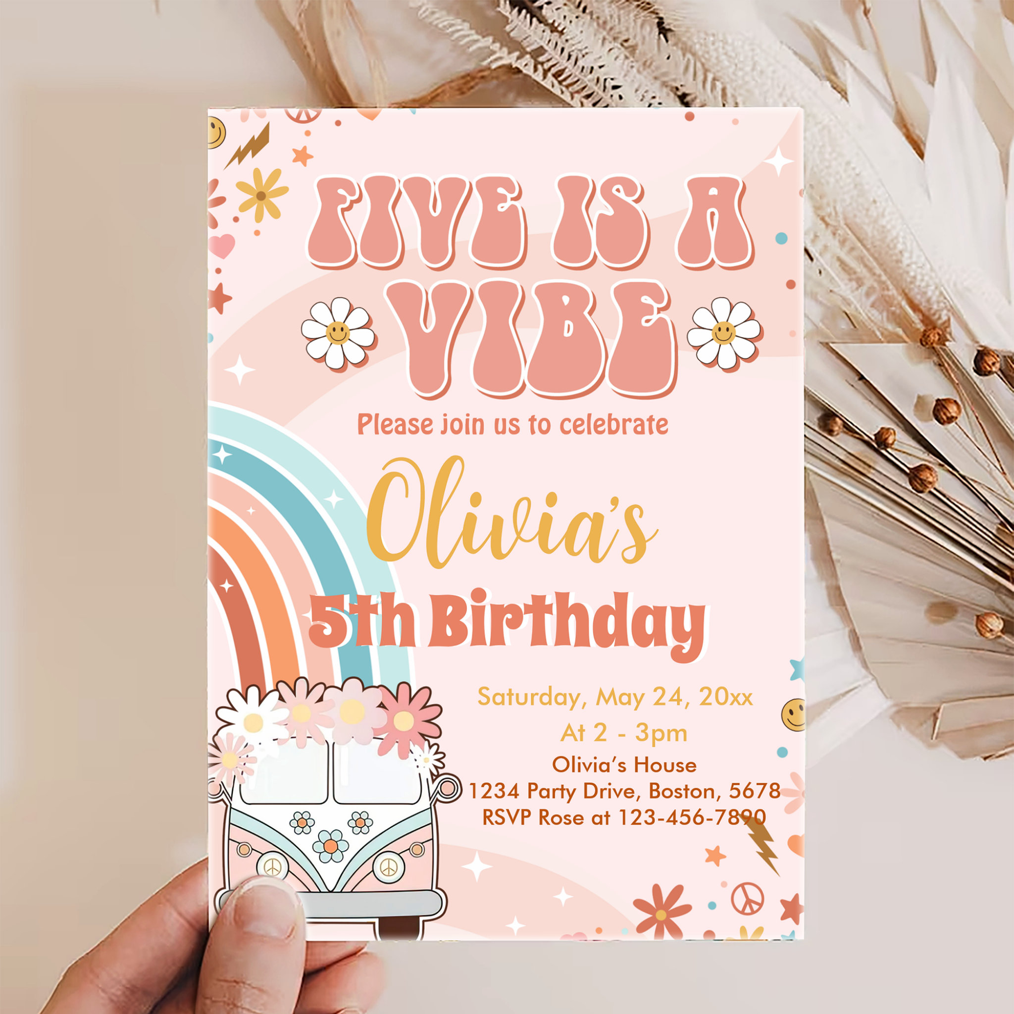Five is a Vibe Retro Rainbow 5th Birthday Invitation