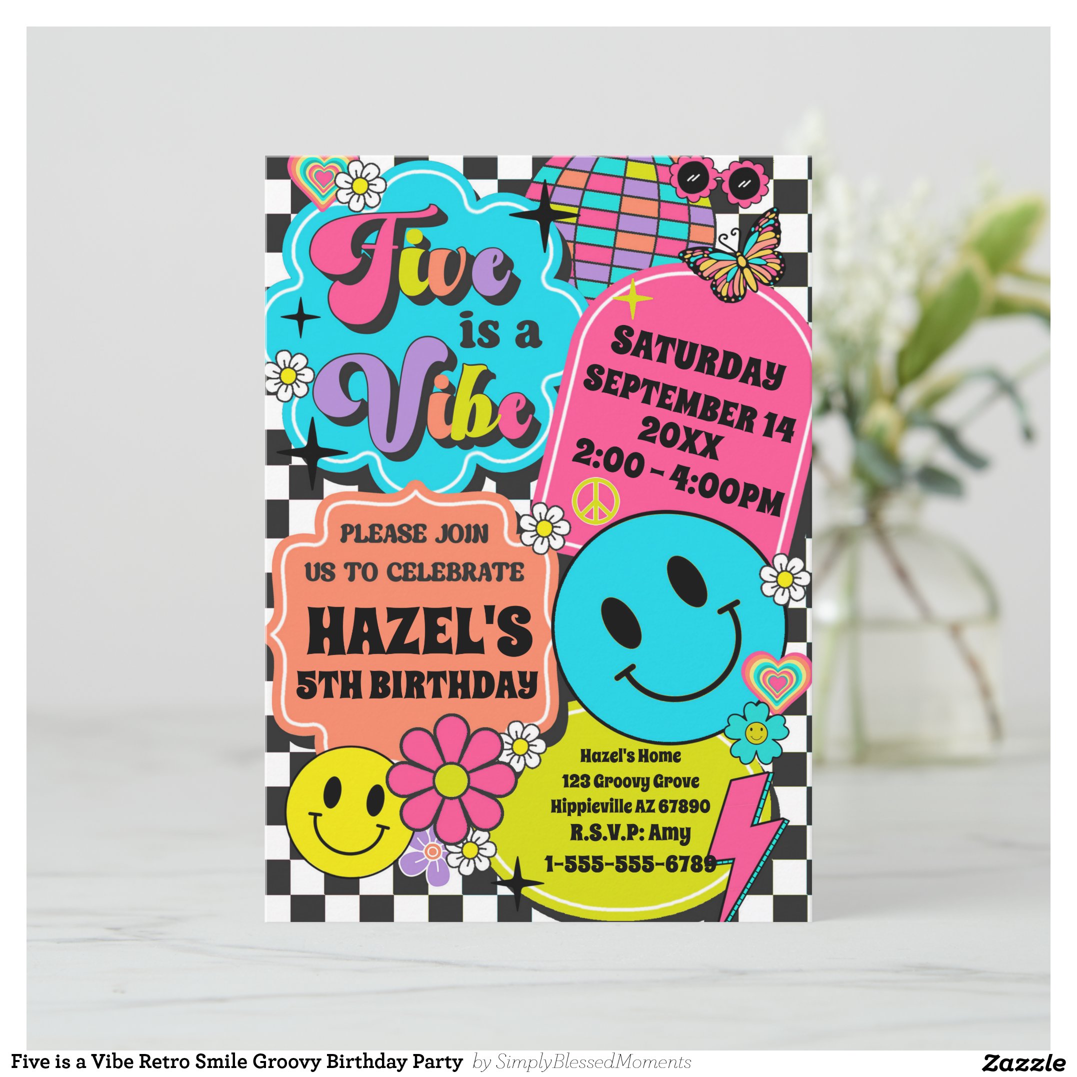 Five is a Vibe Retro Smile Groovy Birthday Party Invitation