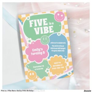 Five is a Vibe Retro Smiles Fifth Birthday Invitation