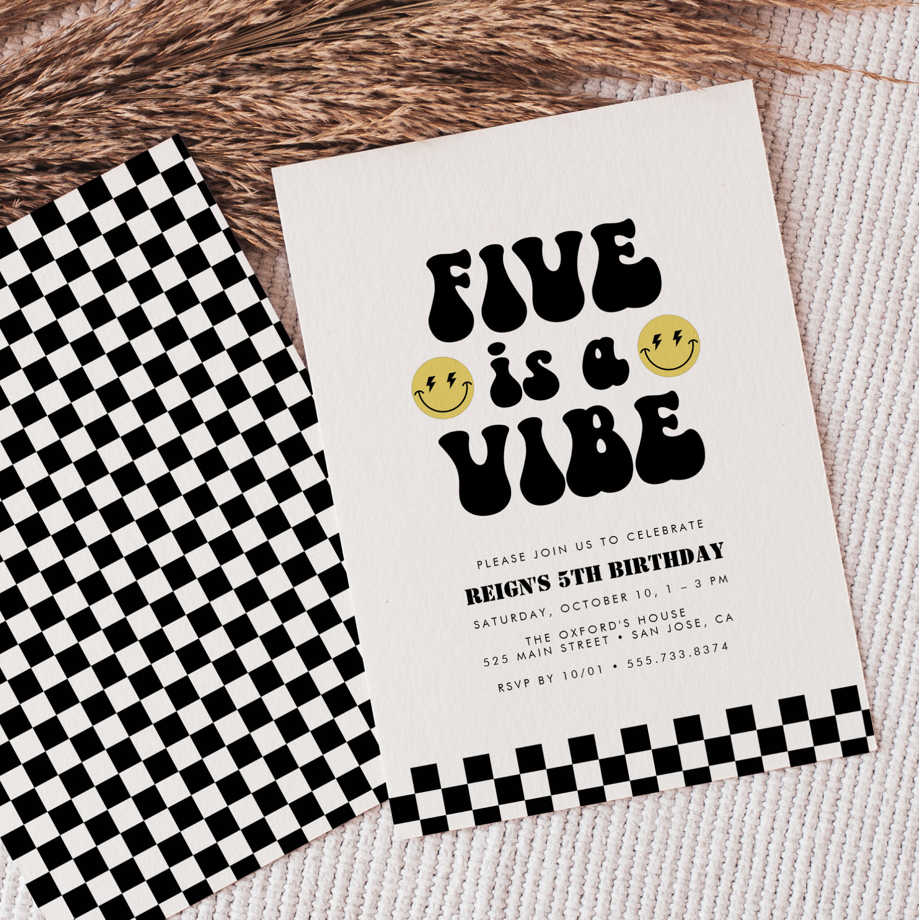 Five is Vibe Boys Happy Face Kids 5th Birthday Invitation