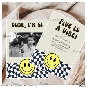 Five is Vibe Boys Happy Face Kids 5th Birthday Invitation