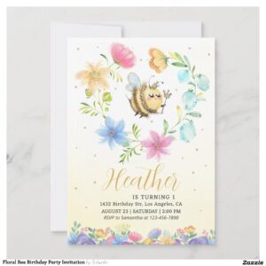 Floral Bee Birthday Party Invitation