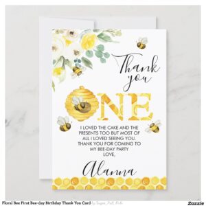 Floral Bee First Bee-day Birthday Thank You Card
