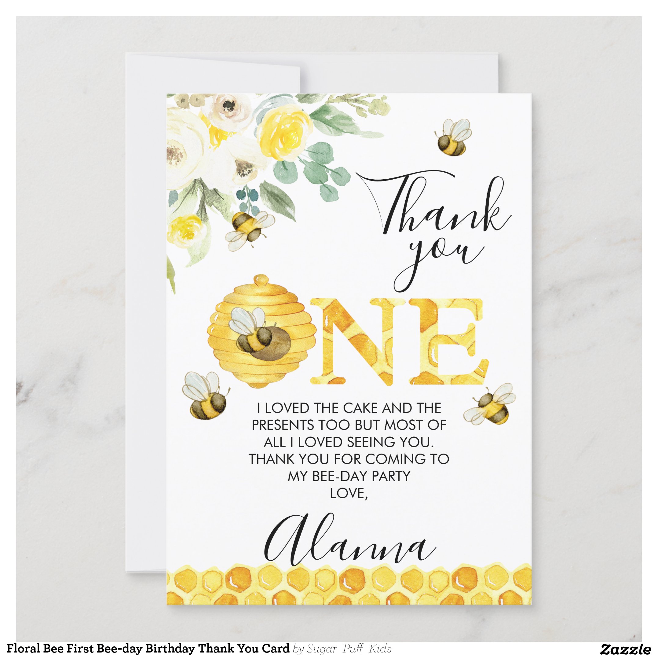 Floral Bee First Bee-day Birthday Thank You Card