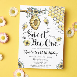 Floral Beehive Honey So Sweet Bee 1st Birthday Invitation