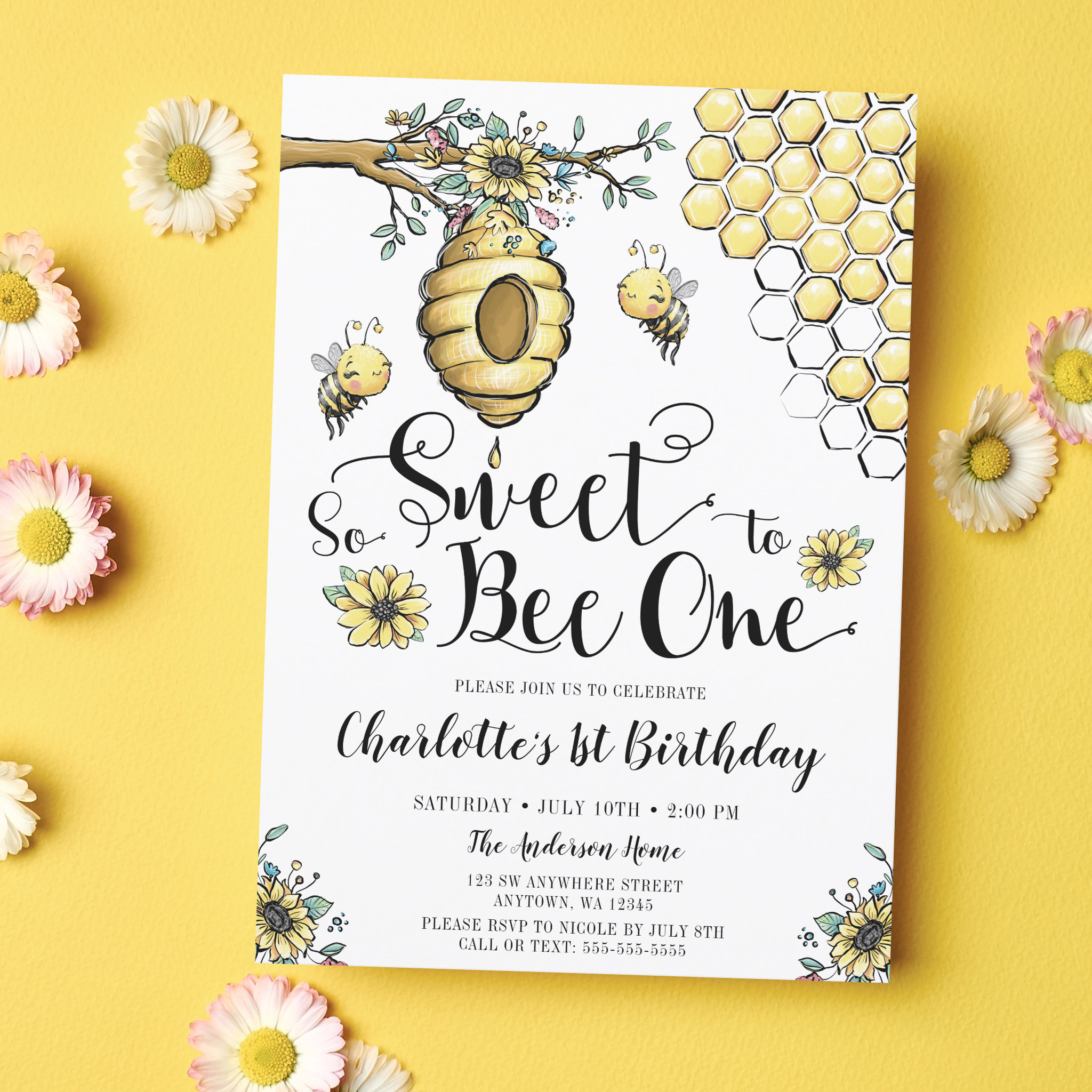 Floral Beehive Honey So Sweet Bee 1st Birthday Invitation