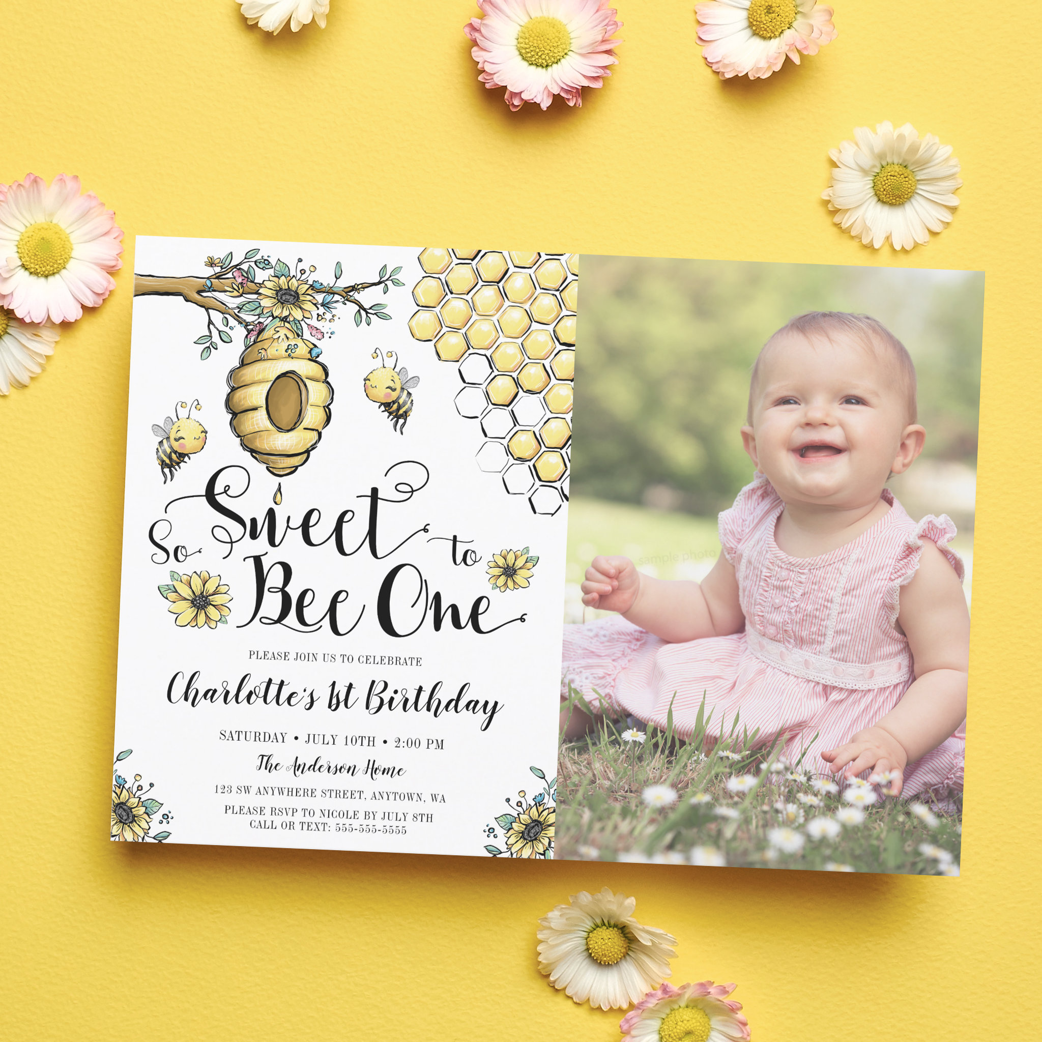Floral Beehive Honey Sweet Bee 1st Birthday Photo Invitation