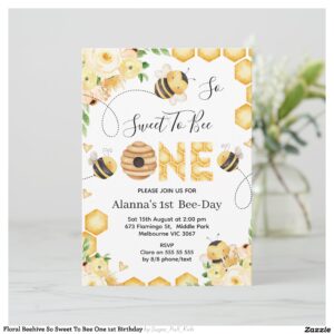 Floral Beehive So Sweet To Bee One 1st Birthday Invitation