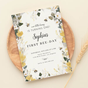 Floral Honey Bee 1st Birthday Invitation