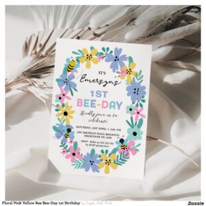 Floral Pink Yellow Bee Bee-Day 1st Birthday Invitation