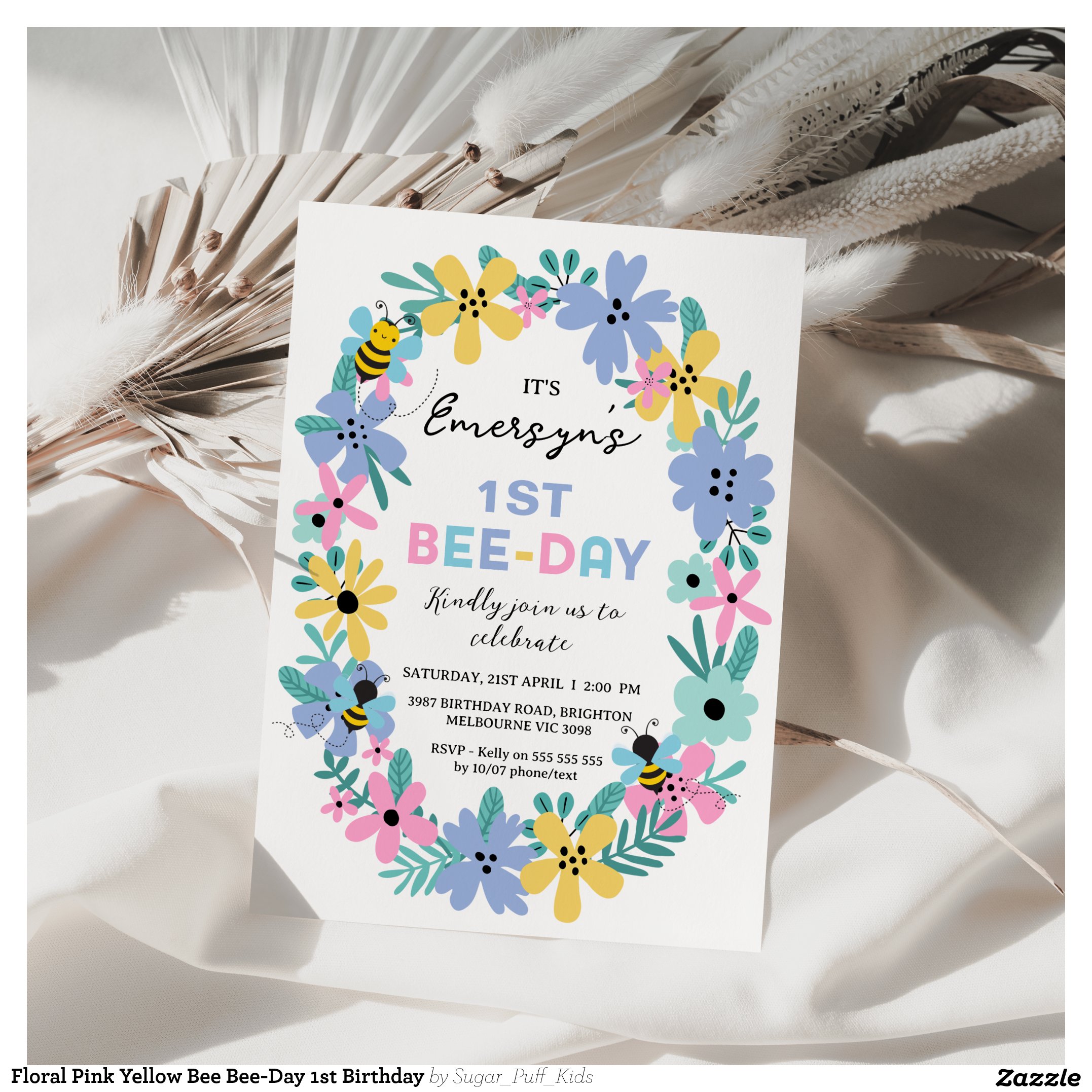 Floral Pink Yellow Bee Bee-Day 1st Birthday Invitation