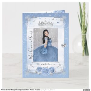 Floral Silver Baby Blue Quincea?era Photo Folded Invitation