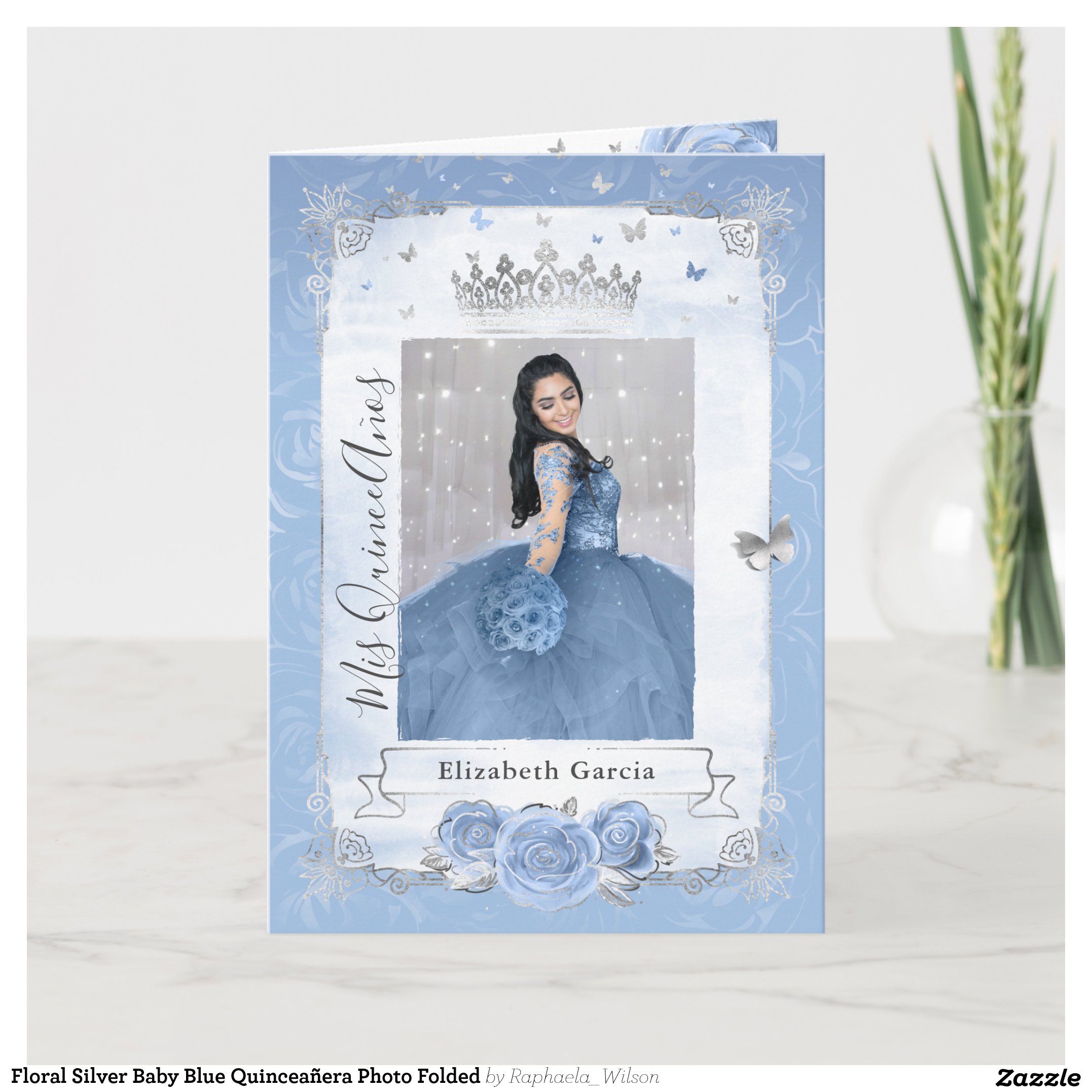 Floral Silver Baby Blue Quincea?era Photo Folded Invitation