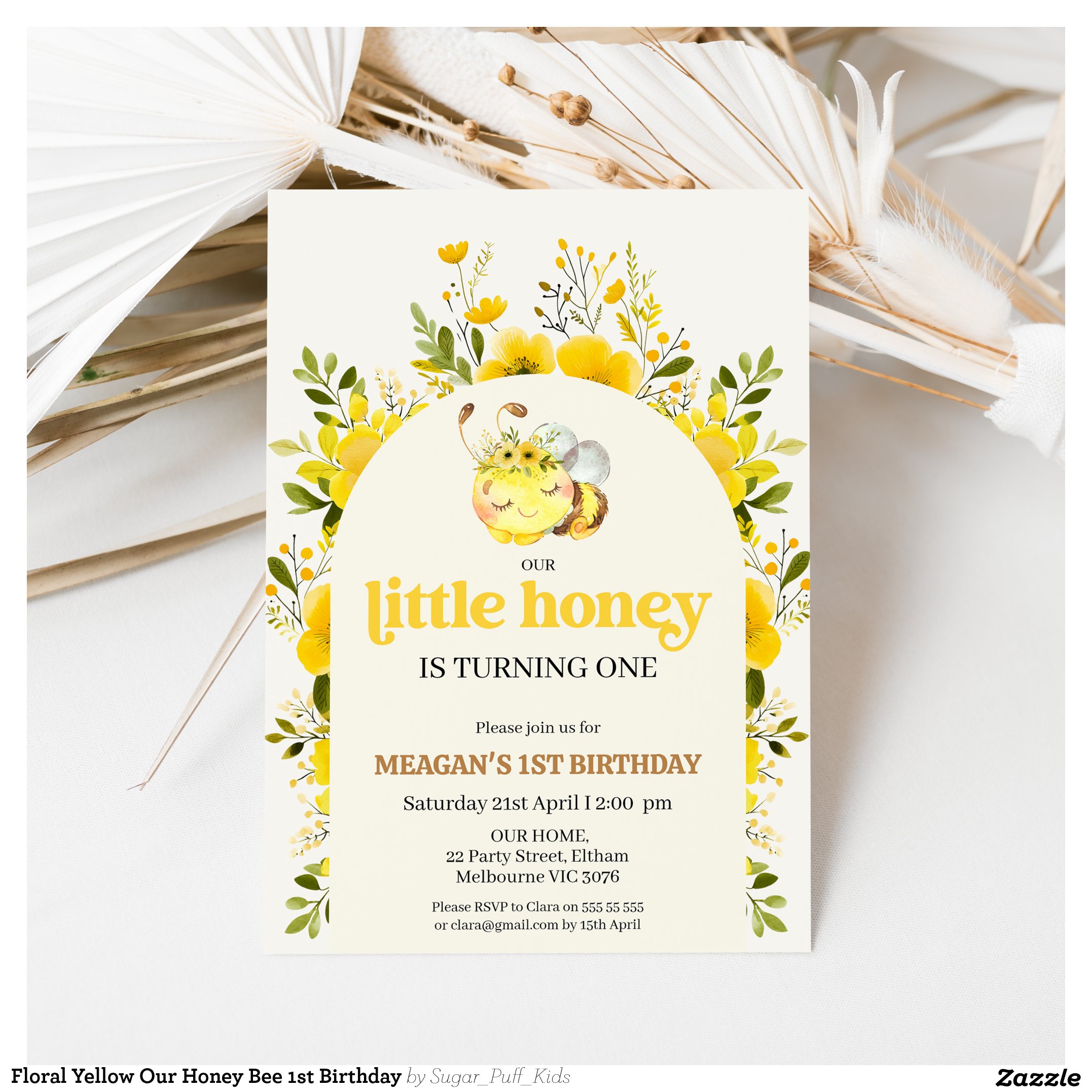 Floral Yellow Our Honey Bee 1st Birthday Invitation