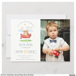 Fly Over Teddy Bear Animal Plane Photo Birthday Invitation
