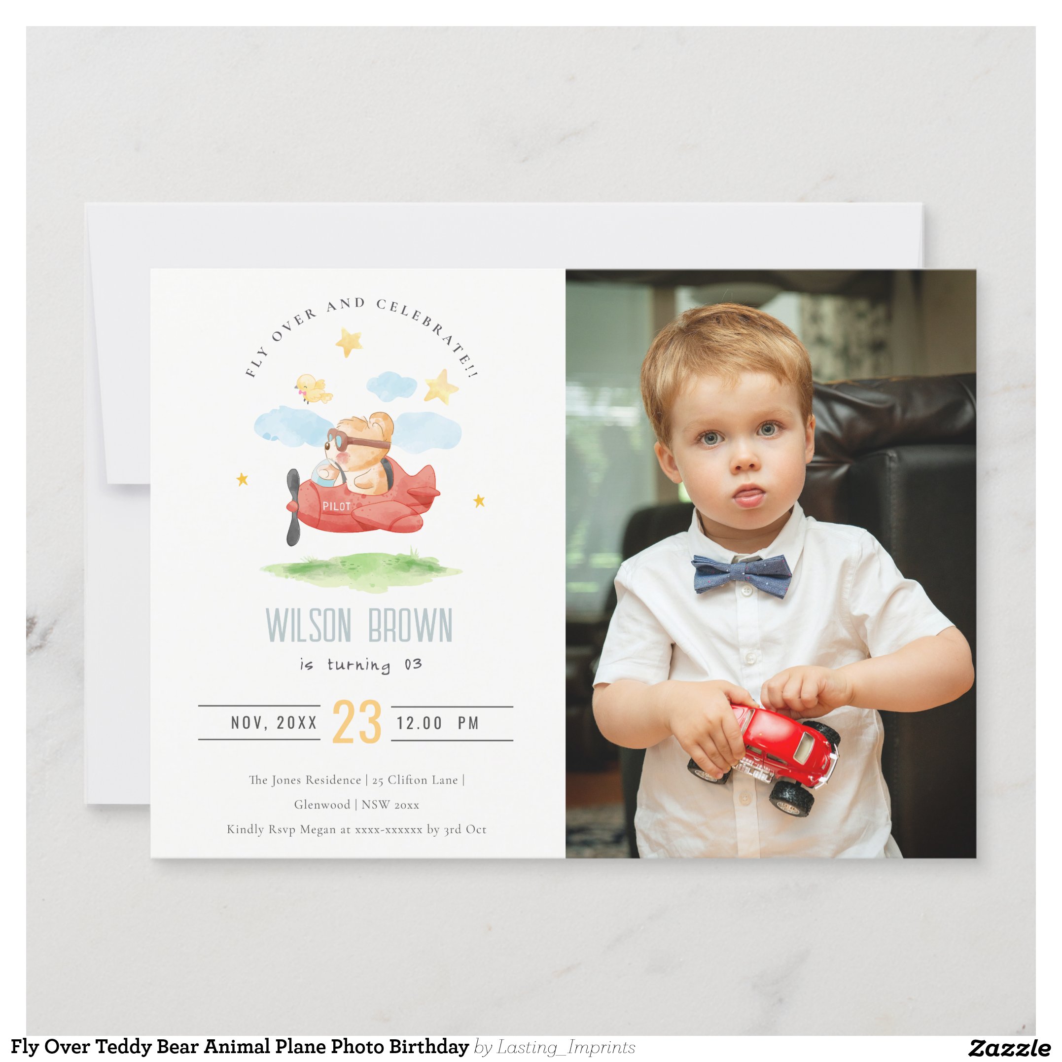 Fly Over Teddy Bear Animal Plane Photo Birthday Invitation