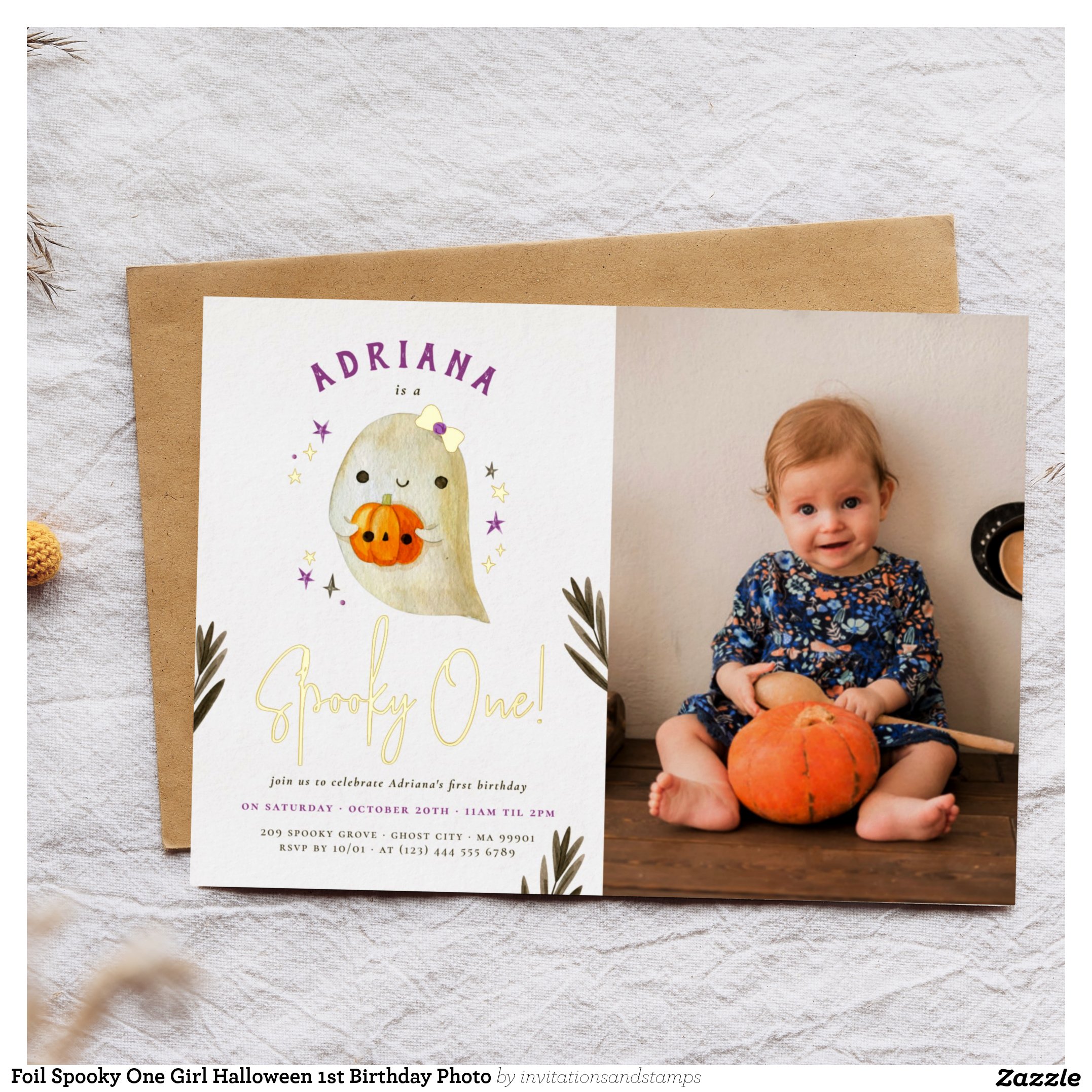 Foil Spooky One Girl Halloween 1st Birthday Photo Foil Invitation