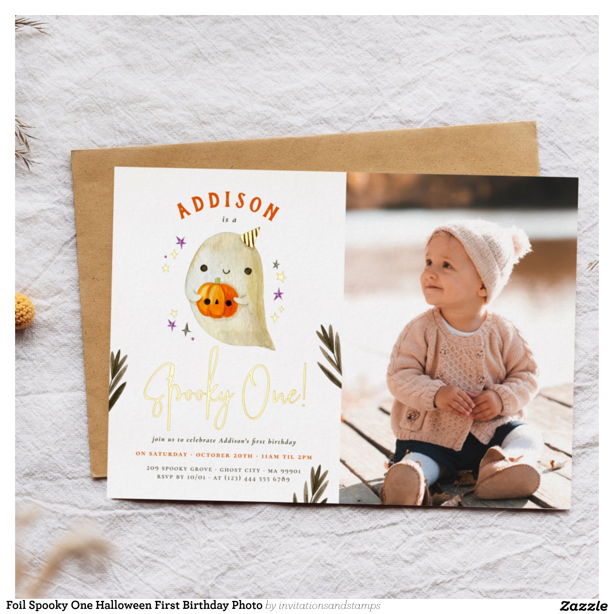 Foil Spooky One Halloween First Birthday Photo Foil Invitation