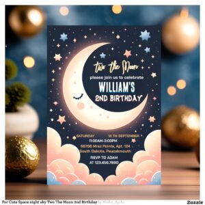 For Cute Space night sky Two The Moon 2nd Birthday Invitation