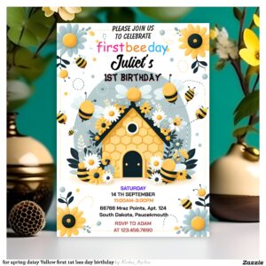 for spring daisy Yellow first 1st bee day birthday Invitation