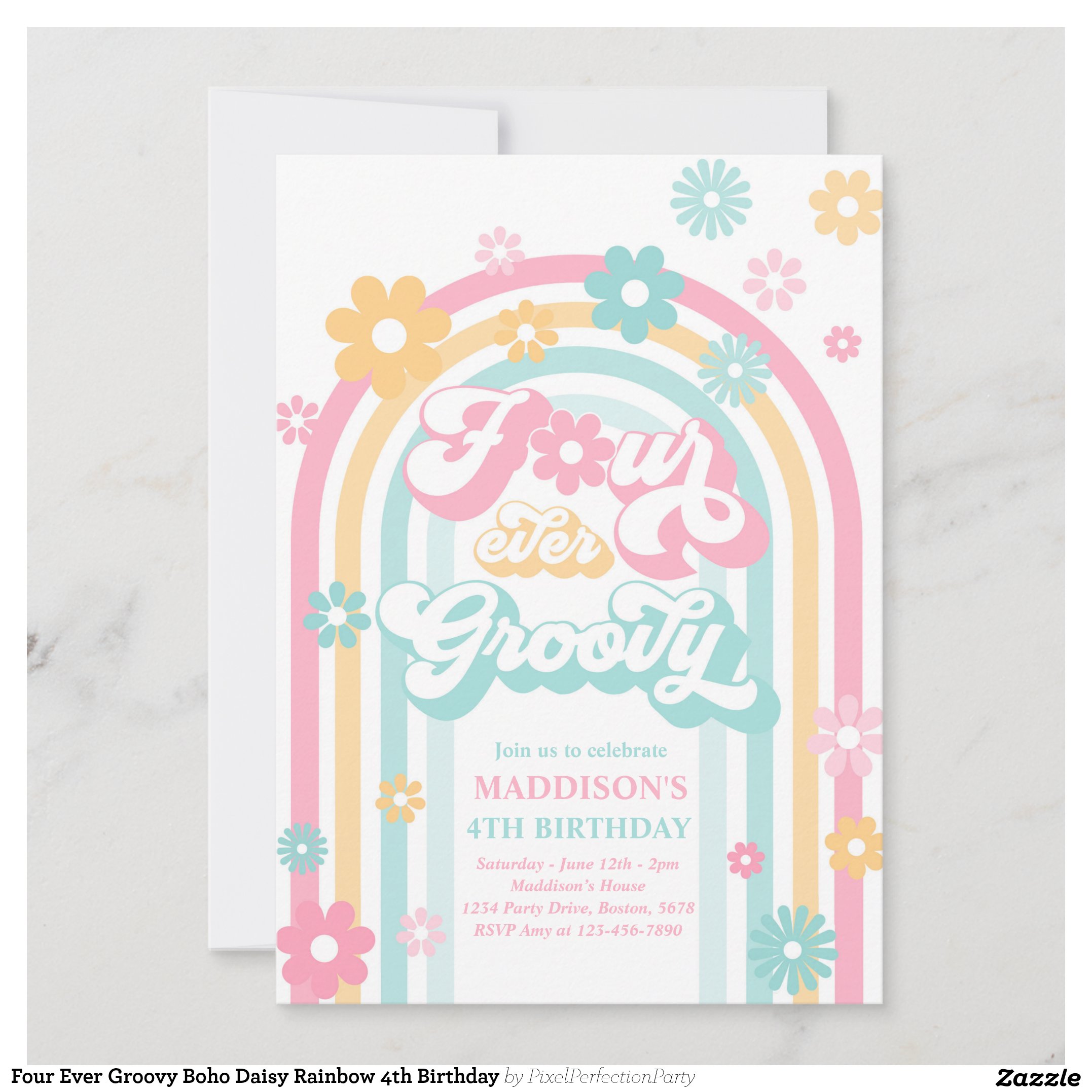 Four Ever Groovy Boho Daisy Rainbow 4th Birthday Invitation