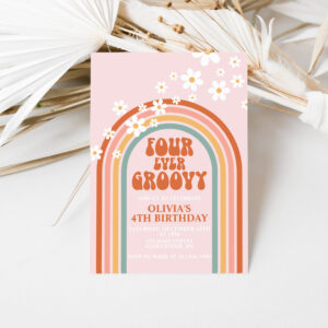 Four Ever Groovy daisy rainbow 4TH birthday Invitation