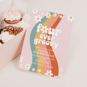 Four Ever Groovy daisy rainbow 4th birthday Invitation