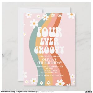 Four Ever Groovy daisy rainbow 4th birthday Invitation